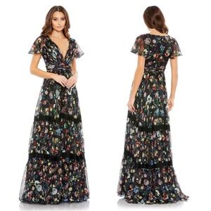 Mac Duggal Floral Print Pleated wrap over butterfly sleeves maxi dress